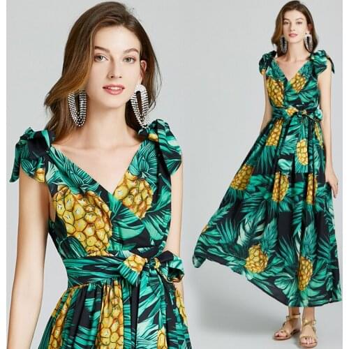 WTIANYUW New 2021 Summer Fashion Runway Maxi Dress Womens V Neck Fruit Pineapple Print Bow Know Holiday Boho Long Dress