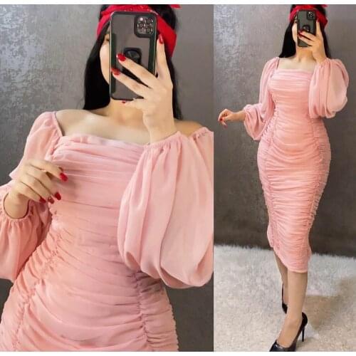 Elegant Sheath Chiffon Short Pink Prom Dresses with Sleeves Pleated Zipper Back Knee Length Robe De Soiree Red Formal Party Gown