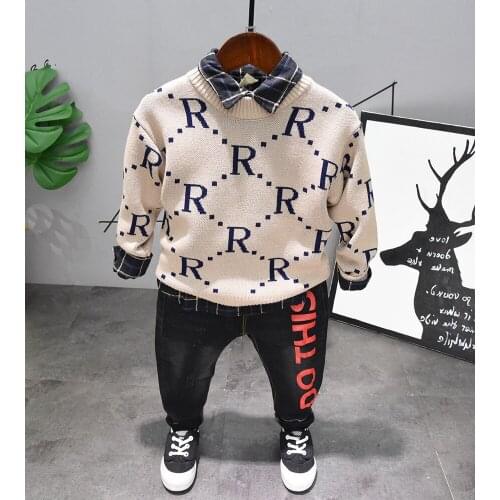 2019 spring autumn childrens long sleeve Knit sweater shirt jeans 3pcs suit boys clothing suit baby cotton clothes kids sets