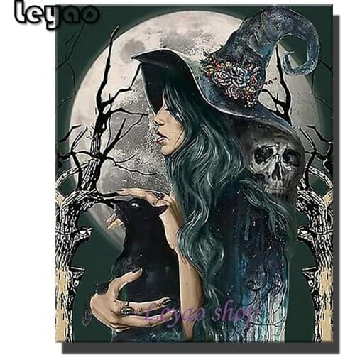 5D Diamond Painting Kits for Halloween Retro Witch Crow DIY Diamond Mosaic Art Kits Full Drill Round Halloween Party Home Decor