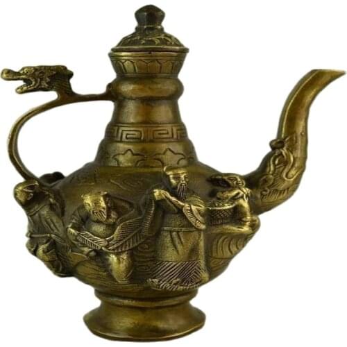 6.75 inch /Chinas old copper hand-carved eight immortal dragon & noble teapot