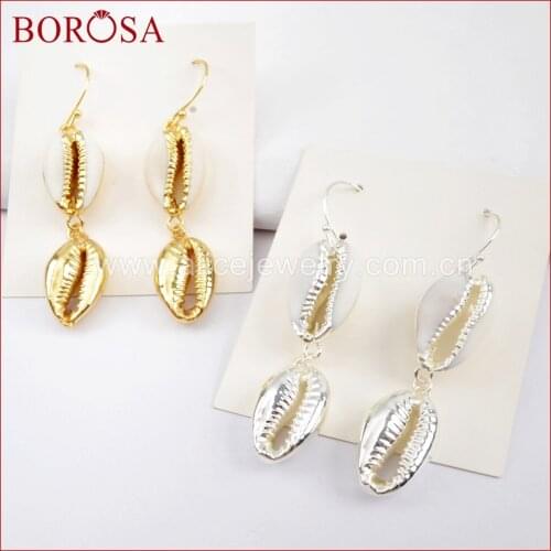 BOROSA 5Pairs Gold Color Double Cowrie Shell Earrings Jewelry, Natural Trim Shell Drop Earrings Jewelry for Women G1629 S1629