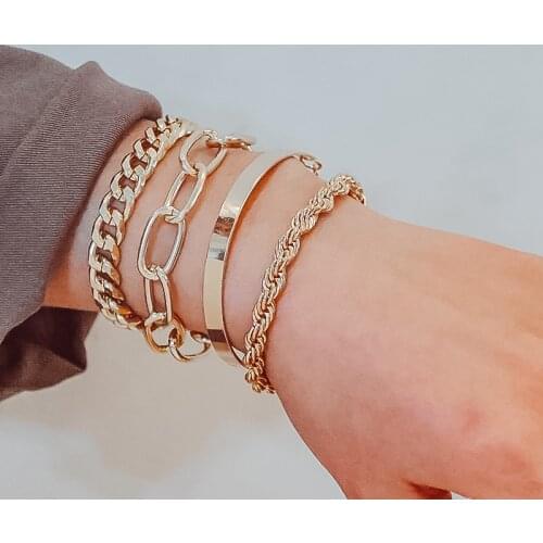 4pcs Punk Cuban Chains Bracelets Sets for Women Boho Gold Silver Color Charms Pearl Bracelets On Hand 2021 trend Fashion Jewelry