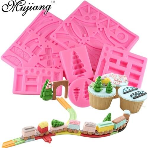 DIY Creative 6Pcs Baby Birthday Cake Decorating 3D Train Track Pine Fondant Silicone Molds Chocolate Candy Gumpaste Clay Moulds