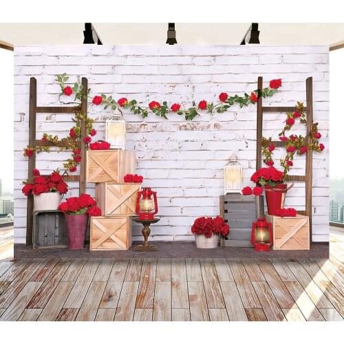 Photo Background Gray Wood Ladder Brick Wall Red Flowers Wood Box Lantern Party Baby Child Photozone Photo Backdrop Photostudio