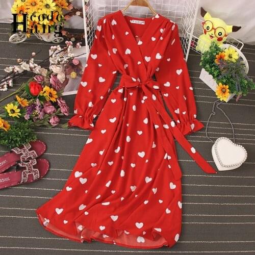 HangCode Autumn Women Dress 2021 Retro Heart Print Sash Bandage Wrap Dress Female Long Sleeve Big Swing Party Dress Red Vestidos