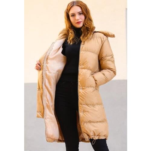 Hooded With Pocket Inflatable Coat Camel - 5343.677