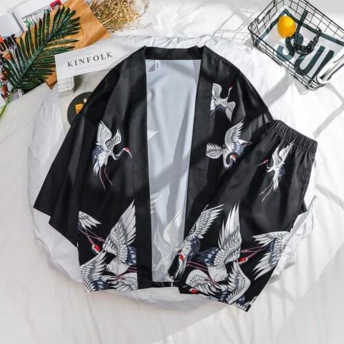 Summer Mens Kimono Jacket Plus Size Cardigan Patterns Open Stitch Fish Crane pattern Harajuku Men Clothing Set