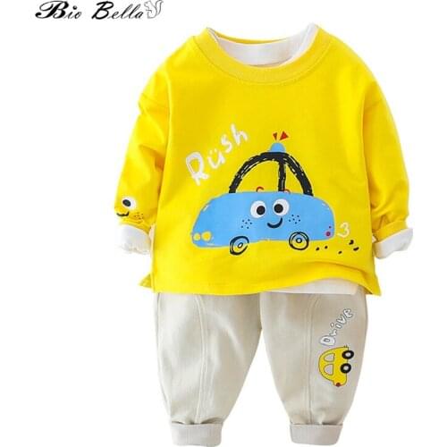 Kids Boy Clothes Set Car Print Long Sleeve Yellow Tshirts Tops+Beige Pant 2PCS Boys Outfits Spring Autumn Children Clothing
