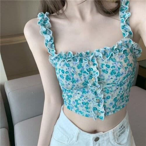 Korean 2021 Floral print New halter Top Summer Lace Ruffle square neck Short Sleeve Ruffle Vest Shirt Womens Boho Clothing