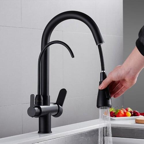 MTTUZK Brass Blacked Kitchen Pull Down Faucet With Pure Water Cold Hot Kitchen Modern Drinking Water 3 Way Filtered Faucet Mixer