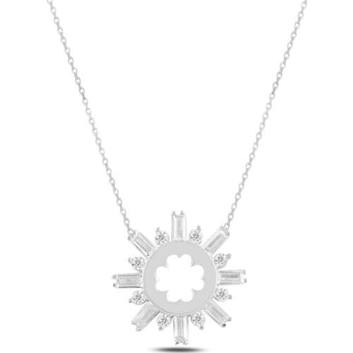 Silver 925 Set Clover Baget Zircon Cubic Zirconia Necklace