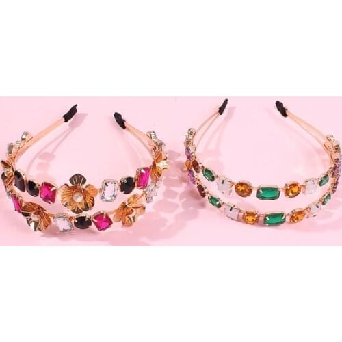 Luxurious Headband Big Square Rhinestone Double Headband Korean Trendy Gold Flower Crown Hairbands For Party Prom Accessories