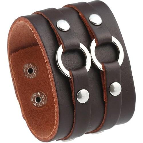 Punk Fashion Wide Genuine Leather Bracelet Cuff Vintage Brown Circle Charms Cowhide Bangle Wristbands Unisex Biker Retro Jewelry