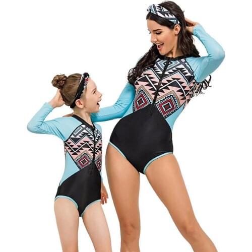 2021 long sleeve one piece swimsuit for women and girls family matching bath suit mom and baby daughter swimwear skirted