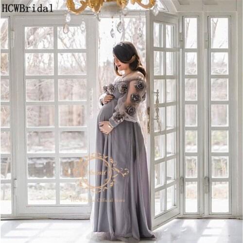 Grey Plus Size Pregnant Women Evening Dress Sheer Long Sleeves Flowers A Line Formal Party Dresses Customize Prom Gowns Cheap