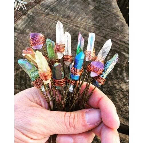 10PCS Rose Gold Wire Wrapped Rainbow Color Quartz Point Hair Pins Tiara For Women Crystal Hair Clips Hair Jewelry HG004AMA.H