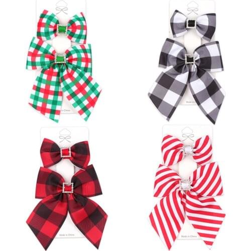 2PCS Red Green Plaid Bowknot Hair Clips Christmas Top Head Ponytail Hairpin Girls School Party Headwear Xmas Fabric Hairbows