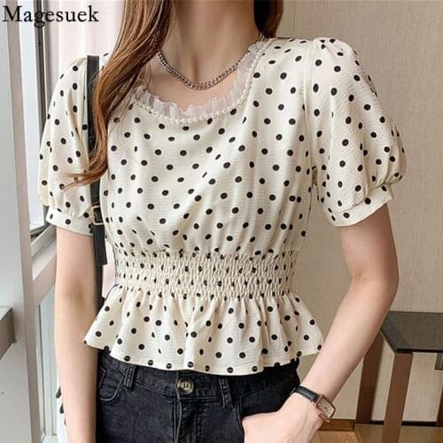 Elegant Beading Slim Chiffon Shirt Polka Dot Casual Summer Blouse Women 2021 Sweet Square Collar Short Sleeve Tops Blusas 15062