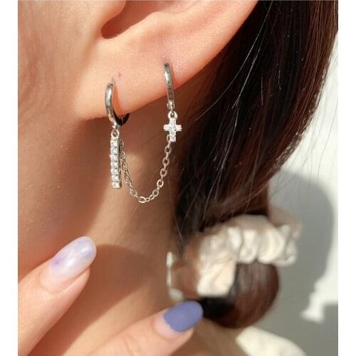 925 Sterling Silver Earring Fashion 2 Pierced Siamese Ears Chain Star Ear Bone Cross Water Drop Chain Long Earring Girl ear jewe