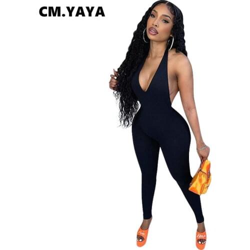 CM.YAYA Women Jumpsuit Solid Bandage Halter V-neck Backless Stretchy Pencil Jumpsuits Fashion Rompers One Piece Overalls Summer