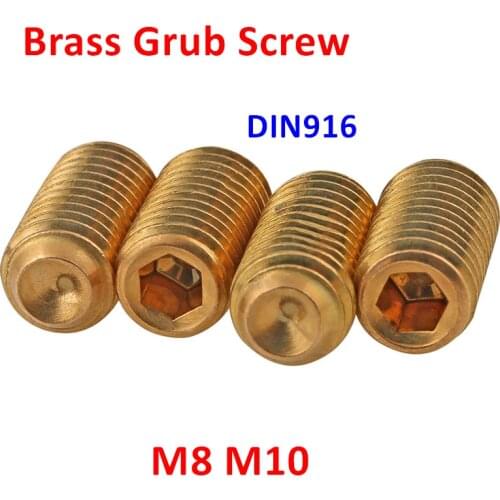 10pcs Thread M8 M10 DIN916 Brass Set Screws Hexagon socket Headless Cup Point Grub Screw Hex Socket Set Screws L=8/10/12/16/20mm