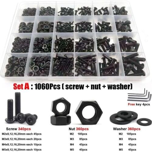 400/650/1060pcs M2 M2.5 M3 M4 M5 Black 10.9 Grade Steel Allen Hexagon Socket Pan Head Screw Bolt Nut Washer Set Assortment Kit