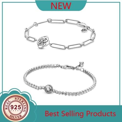 Authentic 925 Sterling Silver Timeless Sparkling Halo Tennis Pan Bracelet Fit Bead Charm Diy Fashion Jewelry