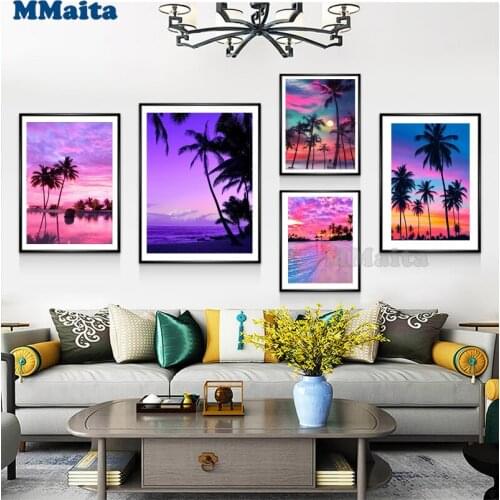 Dispaint Paint With Diamond Embroidery Beach tree landscape Diamond Painting Full Square/Round Picture Of Rhinestone GG5535