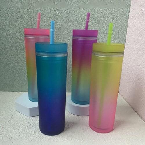 Gradient Rainbow Cup Double Layer Straw Water Bottles 500ml Straight Handheld Party Water Cups Drinks Coffee Mug Drinkware 1PC