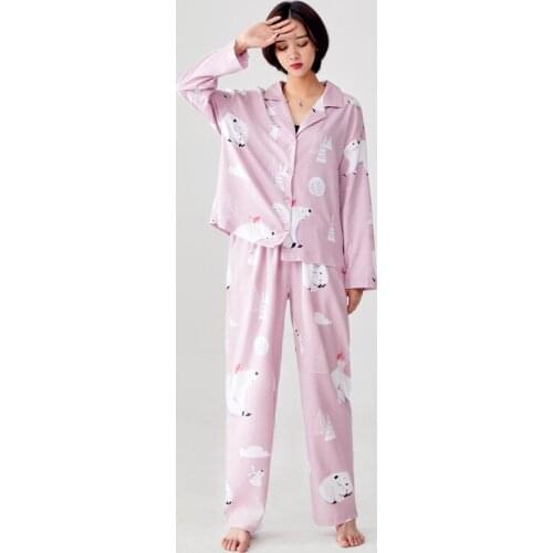 Cotton Pajamas Women Sexy Sweet Cartoon Print Home Service Japanese Casual Two-piece Wash Cotton Long-sleeved Plus Size Pajamas
