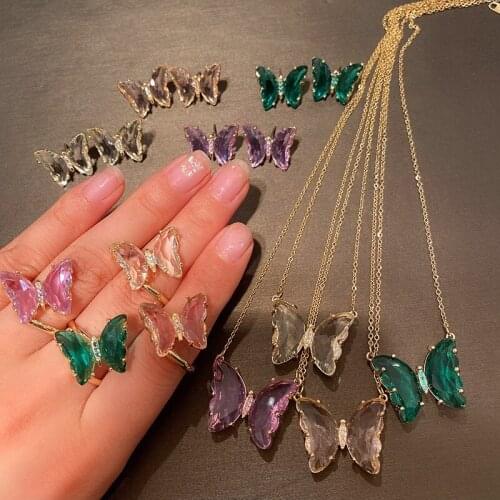 Exquisite Multicolor Glass Butterfly Fashion Jewelry For Women Gold Color Brass Insect Stud Earrings Necklace Rings