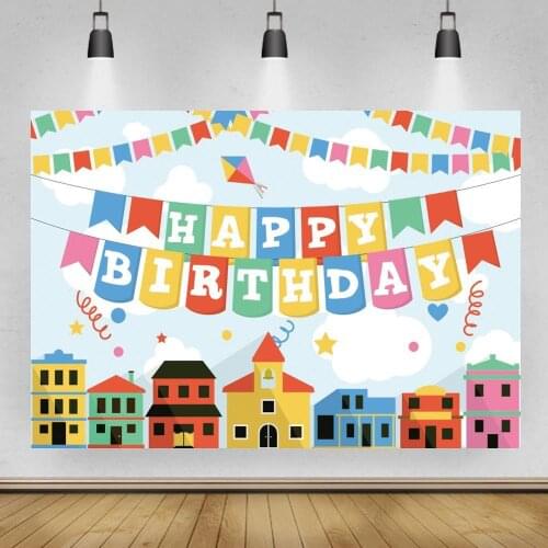 Colorful City Building Cartoon Birthday Theme Backdrops Banner Decor Kids Celebration Candy Dessert Table Wall Backgrounds Vinyl