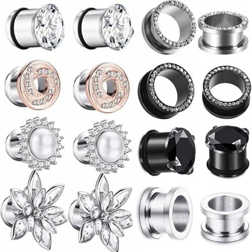 6/8/12PCS Set Stainless Steel Ear Gauge Set Crystal Ear Tunnel Plug Lot Zircon Ear Gauge Plug Set Piercing Oreja Dilatacione Lot