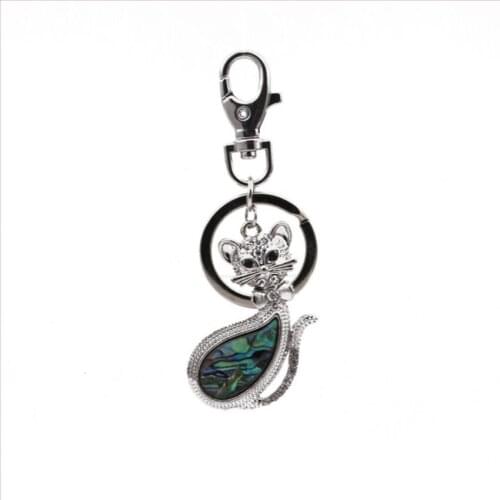 Silver Plated Lobster Clasp Circle Abalone Shell Lovely Cat Shape Key Chain for Women Animal Jewelry