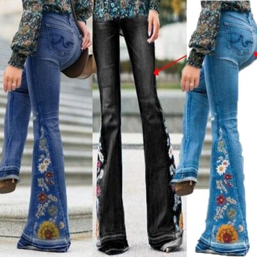 Casual Plus Size Loose Jeans Women Autumn Winter Elegant Floral Print Denim Pants Vintage Ladies Wide Leg Jean Trousers