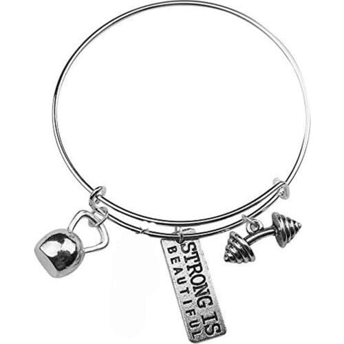 Strong Is Beautiful Workout Exercise Running Sneaker Weighted Kettlebell Barbell Dumbbell Charm Expandable Bracelet