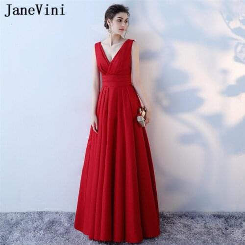 JaneVini 2019 Simple Red Long Bridesmaid Dresses A Line Pleats Sexy Deep V Neck Satin Formal Prom Gowns Floor Length Lange Jurk