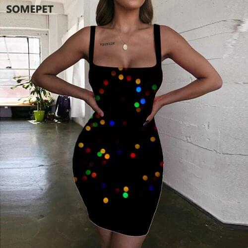 SOMEPET Christmas Dresses Women Christmas Tree Sundress Colorful Bodycon Dress Harajuku Halter Sleeveless Womens Clothing Party