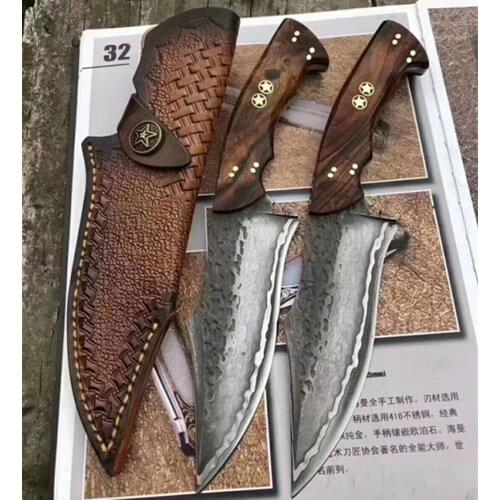 Handmade Damascus Hunting Knife Outdoor Camping Tool 60Hrc Knives Desert Ironwood Handle Steel Pattern Straight Blade Knife