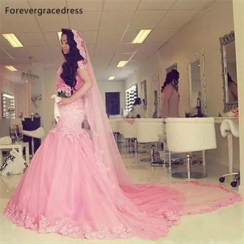 Mermaid Pink Lace Wedding Dresses Tulle Girls Wear Formal Bridal Gowns Custom Made Plus Size Available