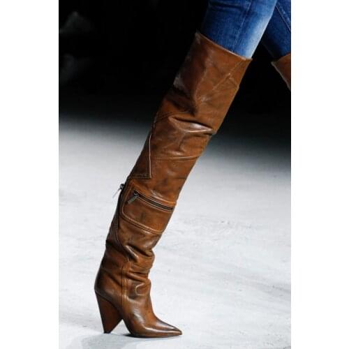 Retro Brown Leather Women Fashion Over The Knee Boots Sexy Pointy Toe Ladies Finger Heel Long Boots Zip Pocket Knight Boots