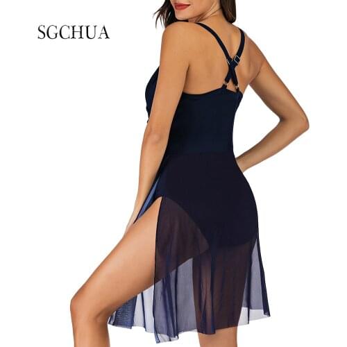 Sexy One Piece Swimsuit Mesh Patchwork Bikini Deep V With Long Blue Skrit Beachwear Plus Size Fashion High Waist Swimwear