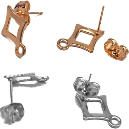 10PCS/Lot Stainless Steel Gold Findings Geometric Rhombus Hollow Stud Earrings Pin Base DIY Jewelry Making Ear Studs Head Pins