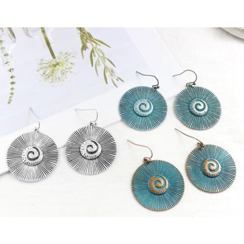 Bohemian Retro Geometric Bronze Disc Alloy Pendant Earrings Shell Spiral Round Female Seaside Holiday Fashion Charm Jewelry