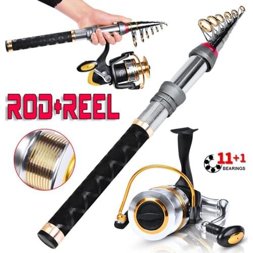 Spinning Rod Reel Line Fishing Set 1.5m 1.8m 2.1m 2.4m 2.7m Telescopic Carbon Rod 11+1BB 5.0:1 8KG Reel Fishing Combo 500m Line