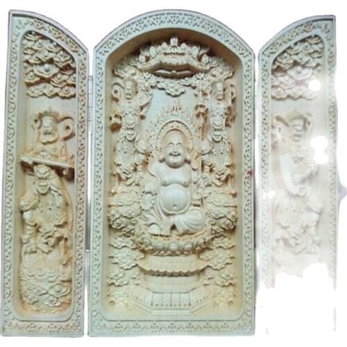 Decorated Boxwood Highly Difficulty Carved Floding Box Buddha Maitreya Statue