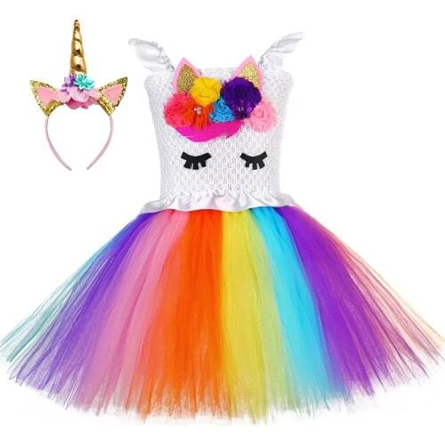 Bright Rainbow Unicorn Tutu Dress Princess Tulle flower Girl Birthday Party Dress Kids Girls Halloween Unicorn Costume Clothes