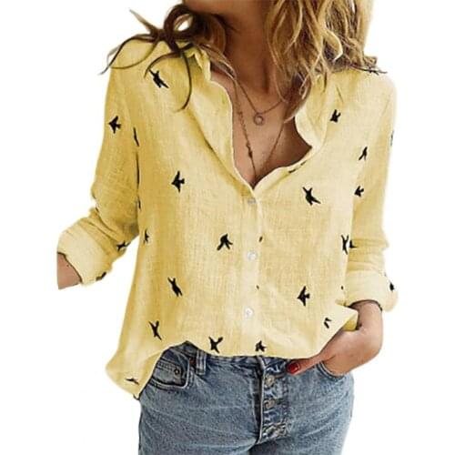 New 2021 Women Blouses Spring Tops Casual Birds Print Shirts Button V Neck Top Loose Long Sleeve Cotton Linen Shirt Blusas Blous