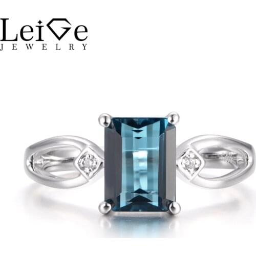 Leige Jewelry Womens Engagement Rings Real London Blue Topaz Rings November Birthstone Emerald Cut Gems 925 Sterling Silver